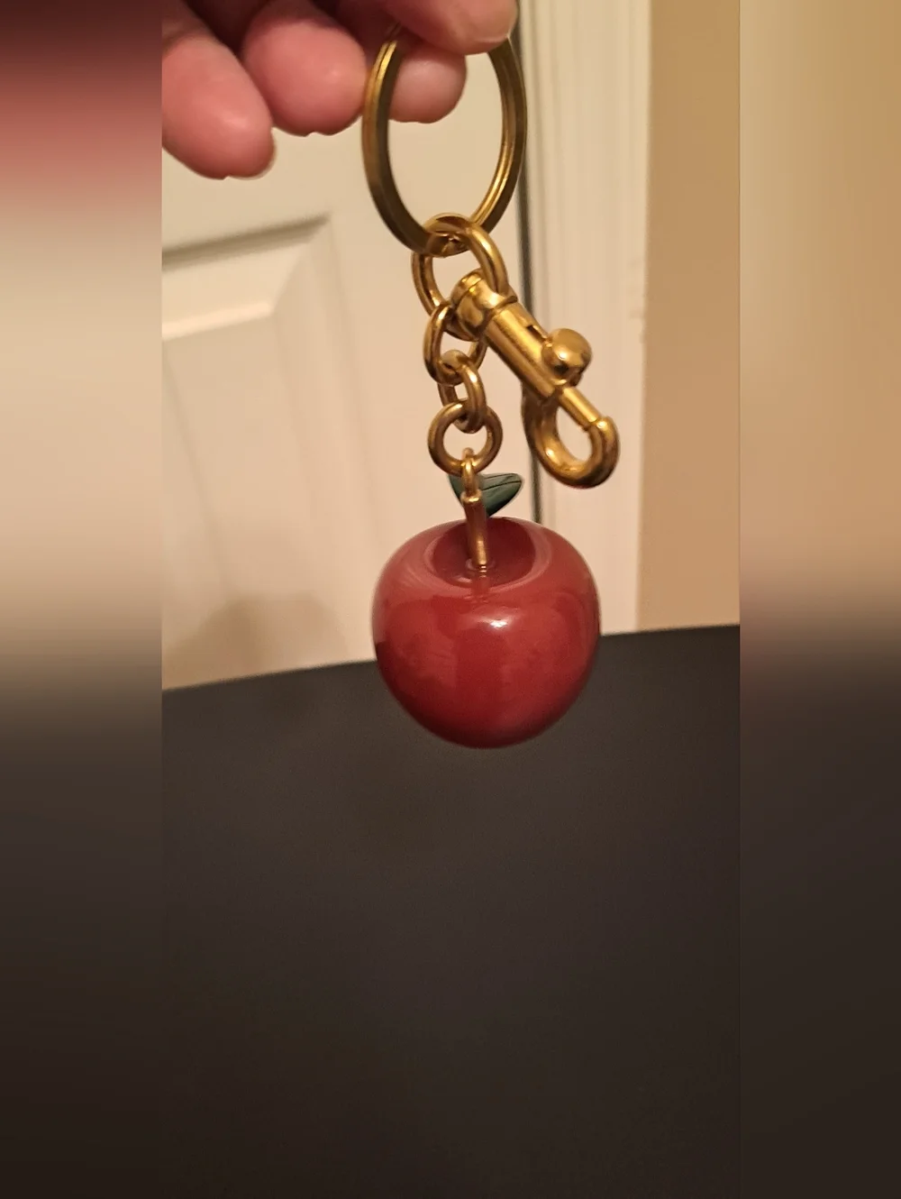 Gold-Tone Red Apple Charm Keychain with Green Leaf New in package